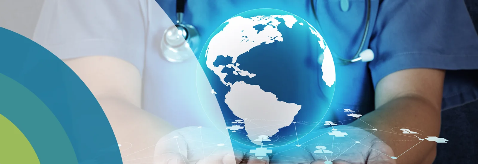 Globe artwork over medical clothing and stethoscopes, from the original HMC website