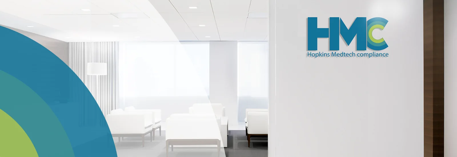 Original HMC brand artwork showing a reception area and the Hopkins MedTech Compliance logo